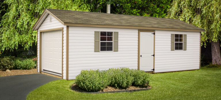 tan 12x20 vinyl ranch garage with darker tan trim two windows and a side door